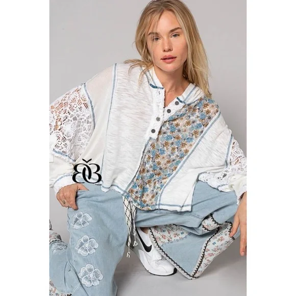 POL Ivory & Blue Floral Panel Lace Detail Half Button Hoodie Oversized - Picture 3 of 9